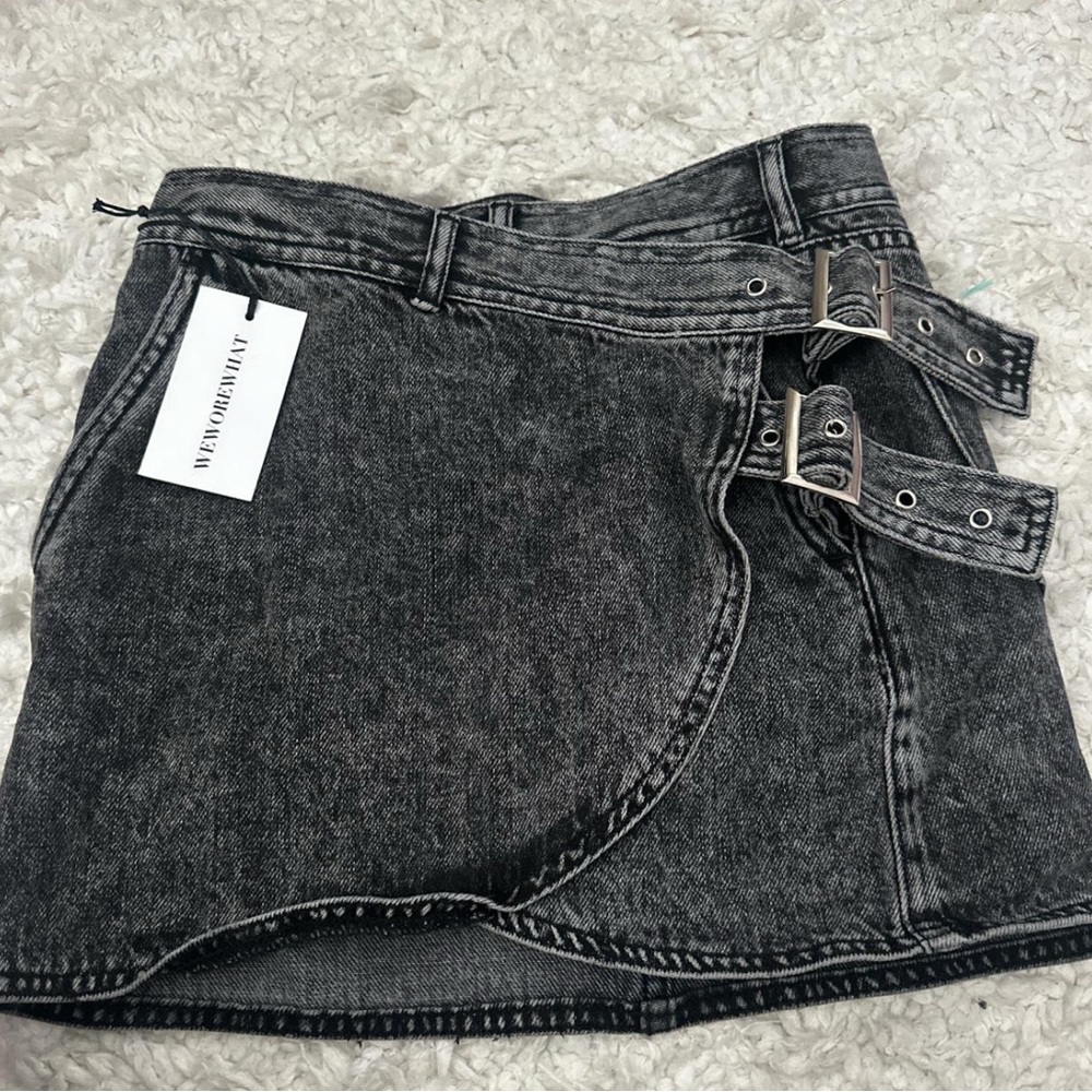WeWoreWhat Charcoal Denim Skirt with Buckle Accents
